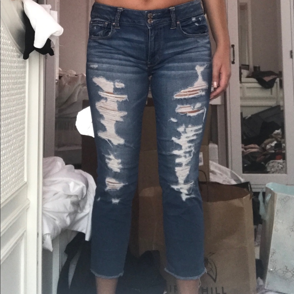 destroyed mid calf denim jeans